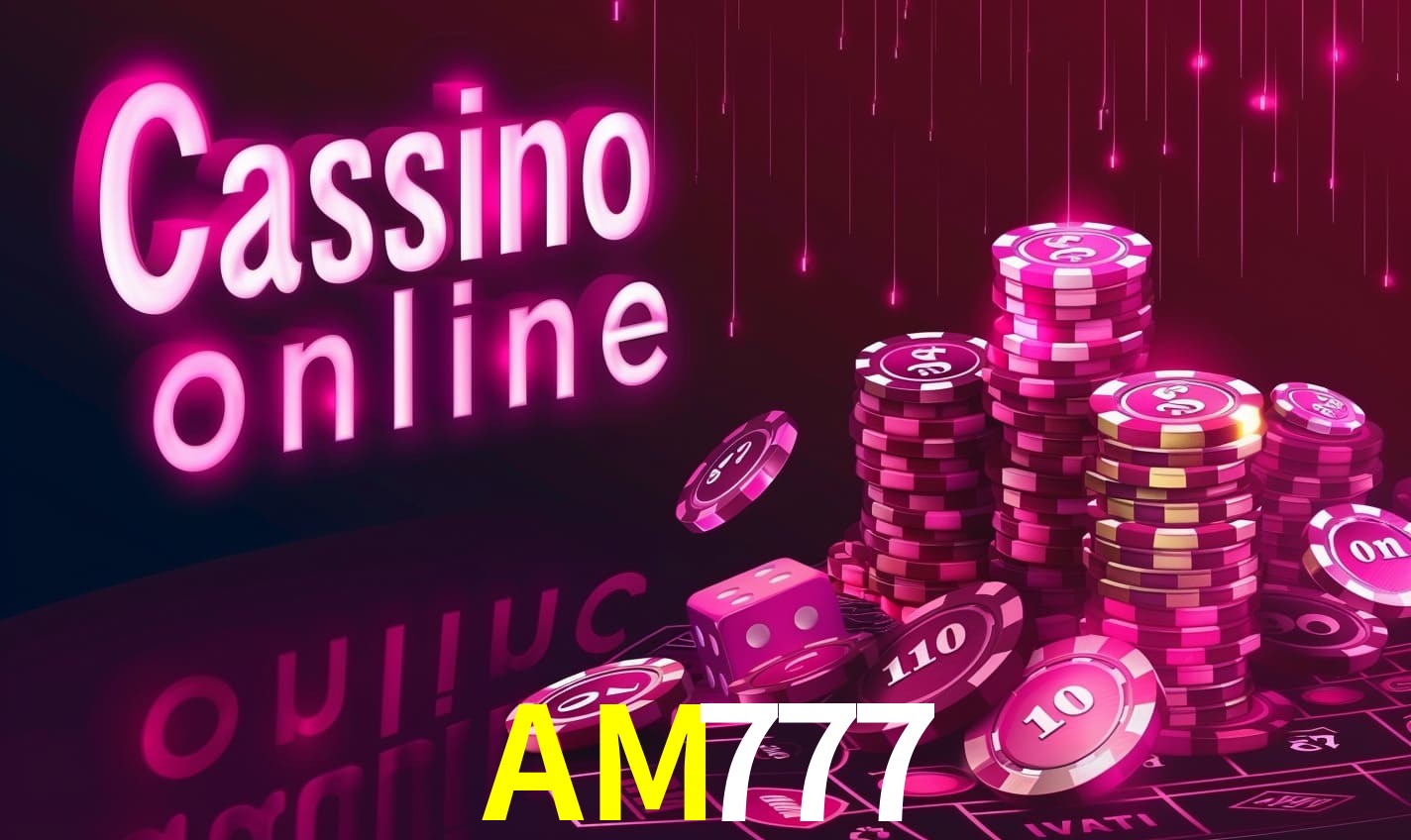 Escena dinámica inspirada en casino con iluminación AM777, cartas, fichas e íconos de juegos digitales en un espacio moderno de juegos.